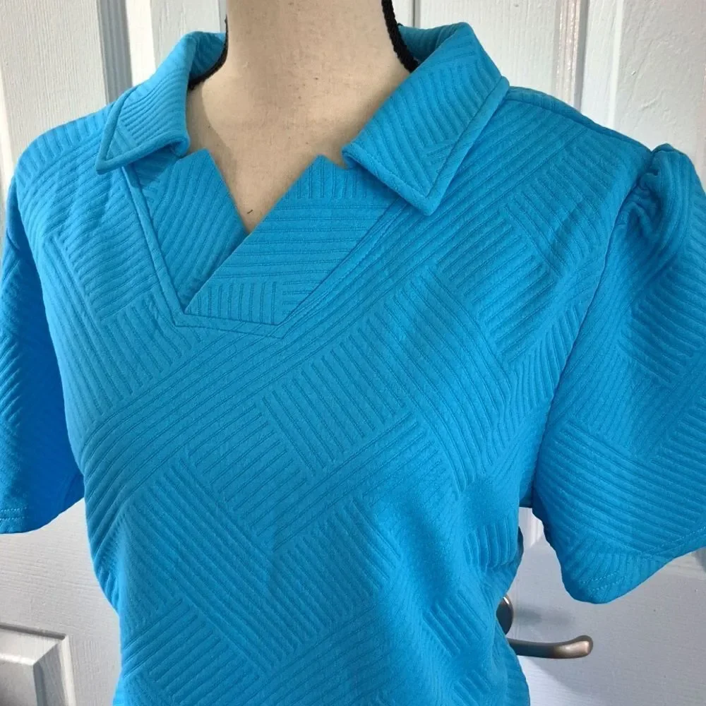 Cute Casual Colorful Work Wear Collared Texture Blue Women's Dress